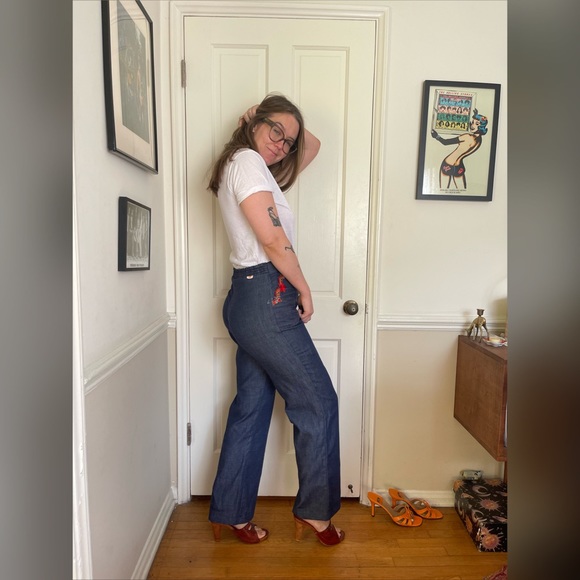 60s Vintage Denim Kick Flares with Star Heart Patched Pockets - Picture 2 of 12